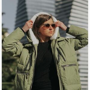 OROLAY Olive Green Women's Puffer Jacket with Orange Contrasting Interior.